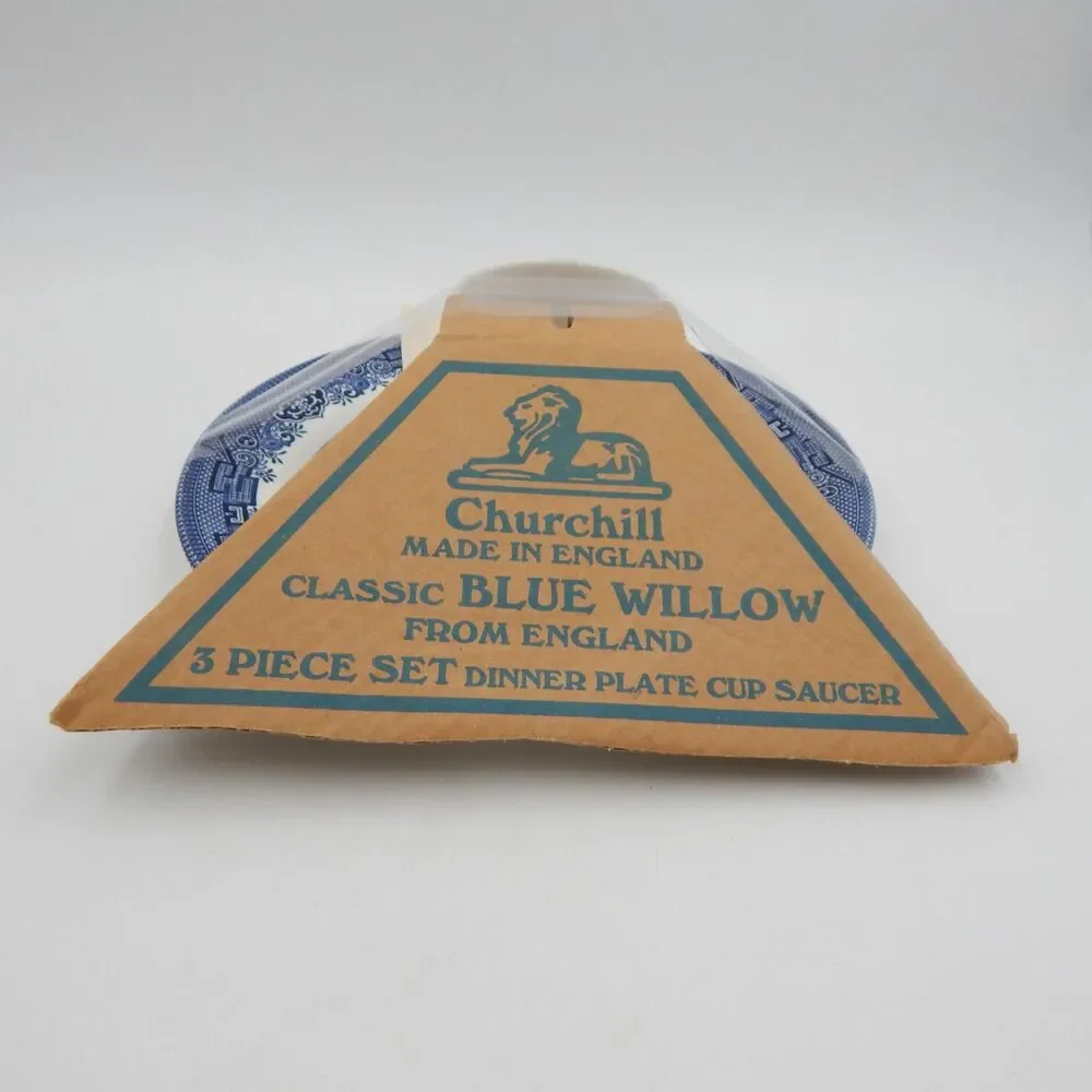 Churchill Blue Willow 3 Pc Set Dinner Plate Cup Saucer Set England